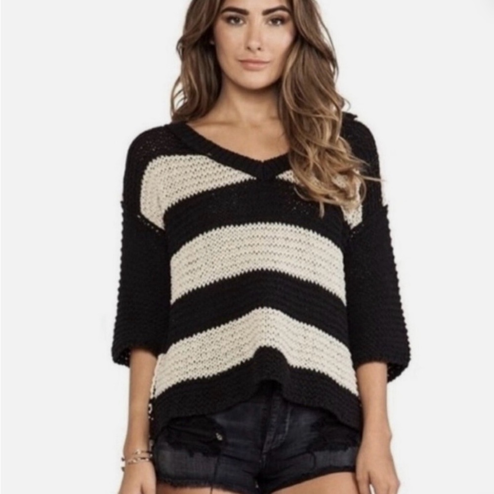 Free People Park Slope crochet Black and Cream Striped Sweater XS
